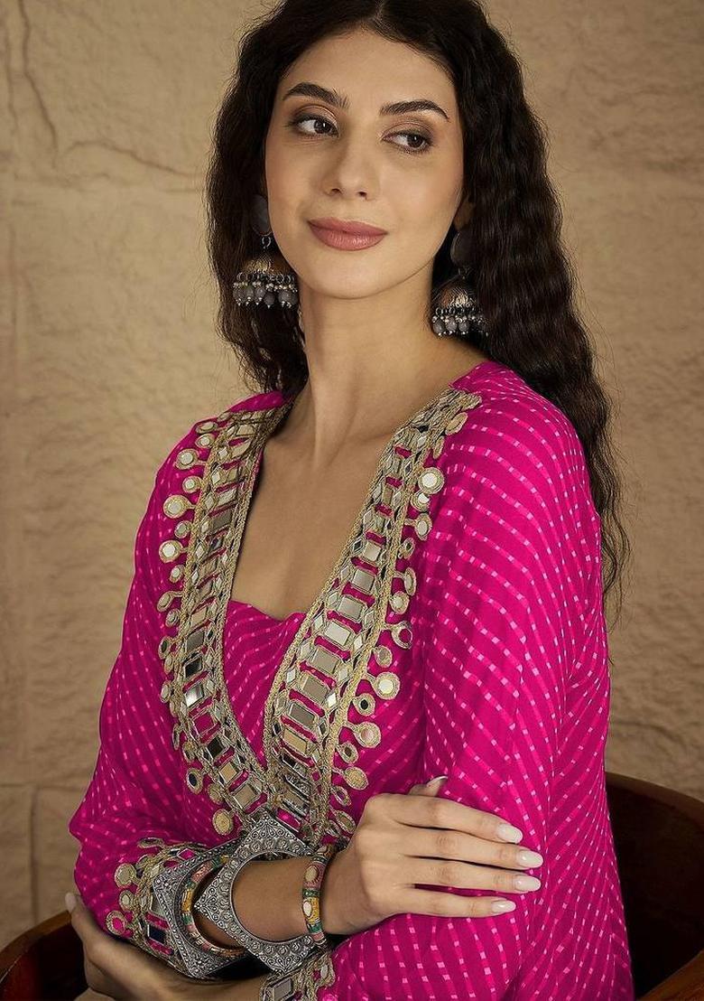 Pink Floral Print Georgette Kurta Set - Indya