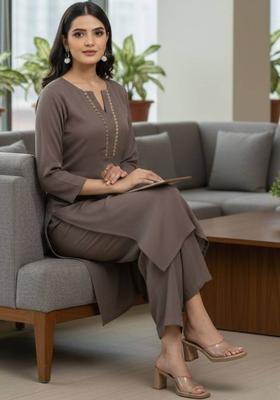 Brown Thread Work Silk Kurta Set