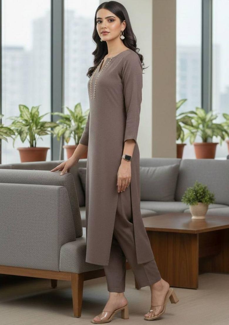 Brown Thread Work Silk Kurta Set - Indya
