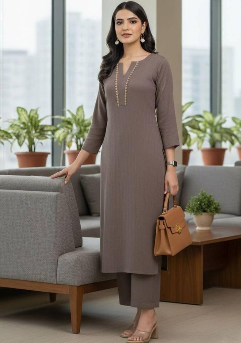 Brown Thread Work Silk Kurta Set - Indya