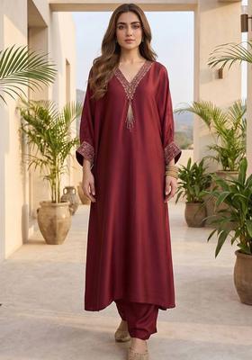 Maroon Embroidery Silk Kurta Set