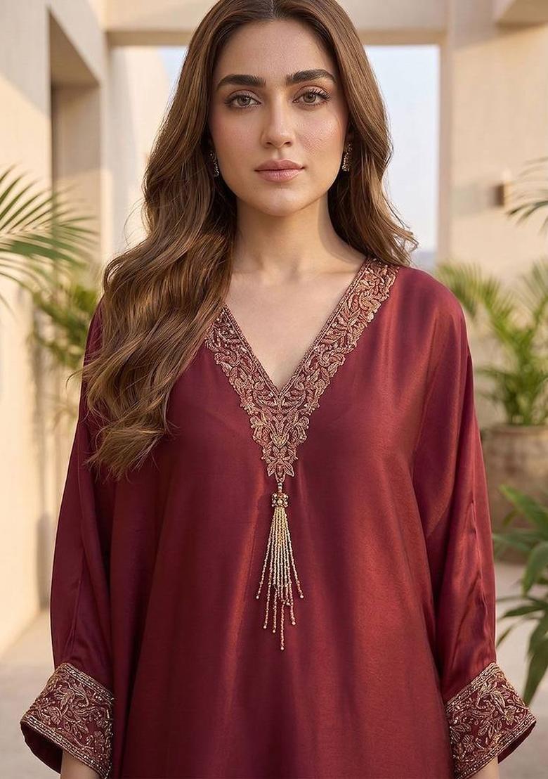 Maroon Embroidery Silk Kurta Set - Indya
