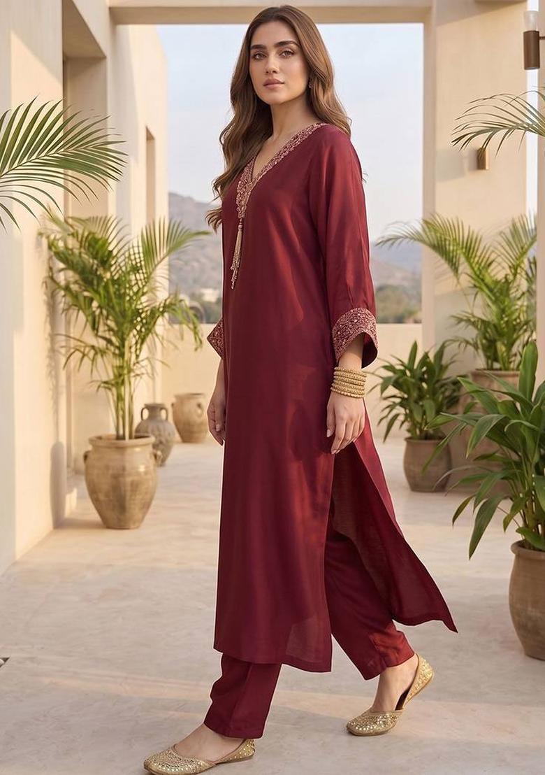 Maroon Embroidery Silk Kurta Set - Indya