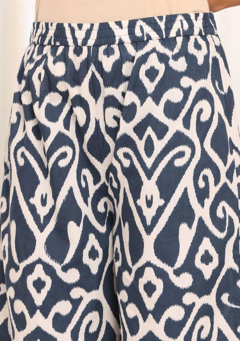 Navy Blue Floral Print Cotton Kurta Set - Indya