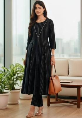 Black Woven Design Silk Kurta Set