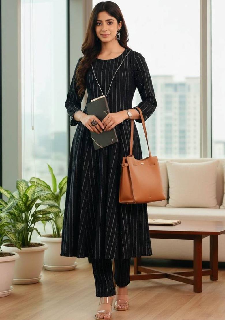 Black Woven Design Silk Kurta Set - Indya