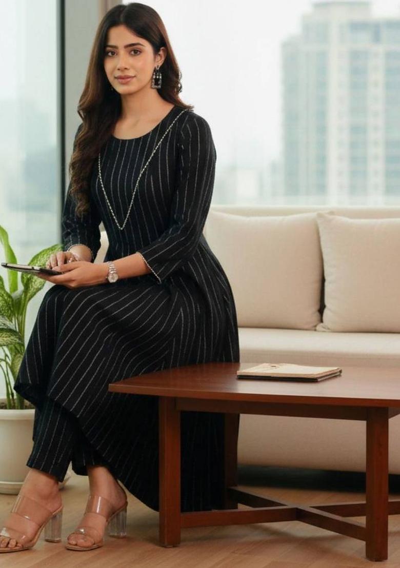 Black Woven Design Silk Kurta Set - Indya