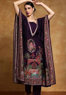 Purple Floral Print Silk Kurta Set