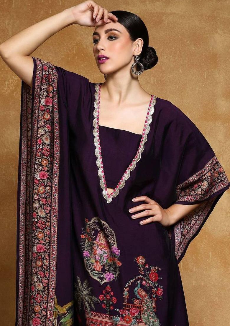 Purple Floral Print Silk Kurta Set - Indya