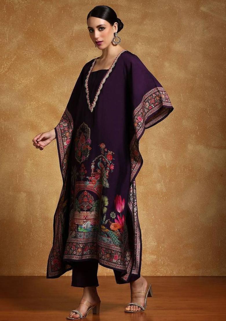 Purple Floral Print Silk Kurta Set - Indya