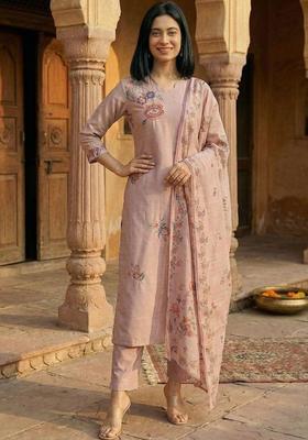 Peach Embroidery Silk Kurta Set
