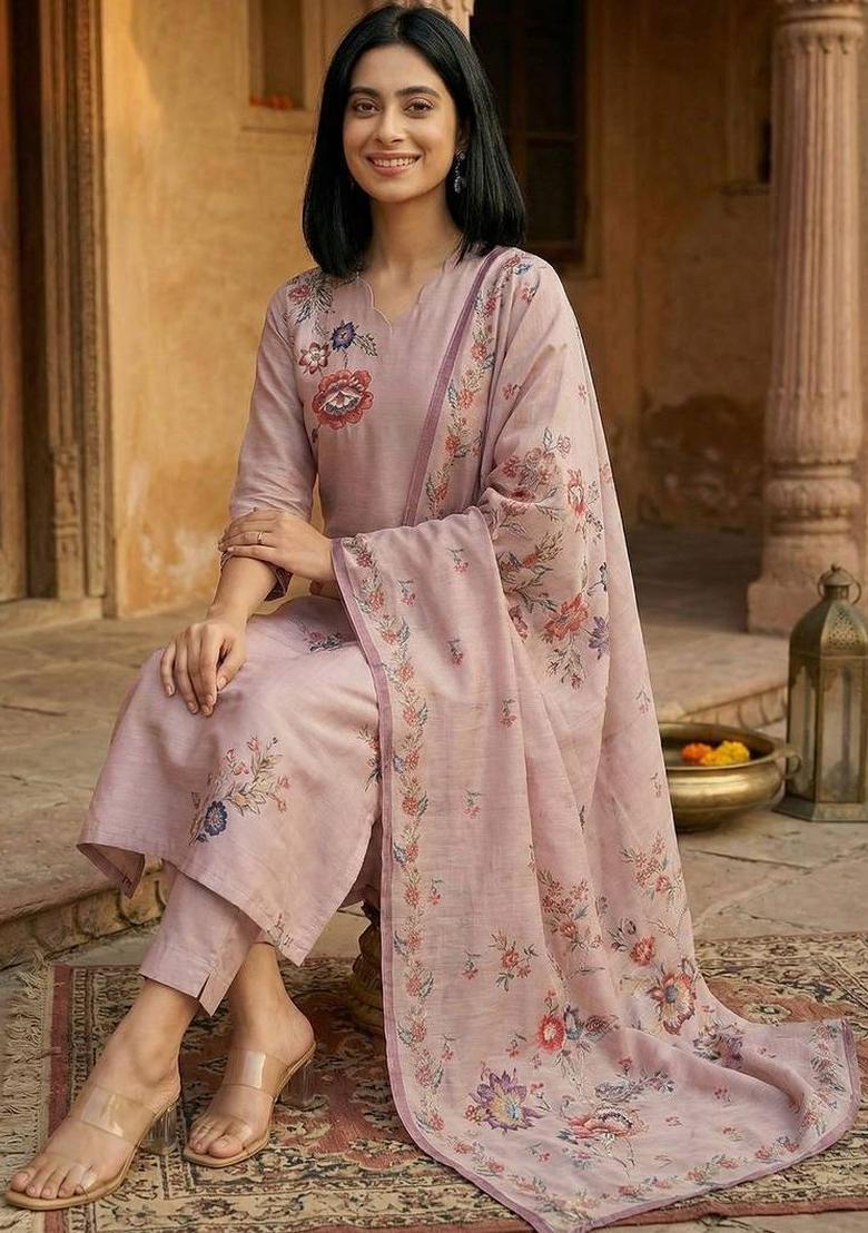 Peach Embroidery Silk Kurta Set - Indya