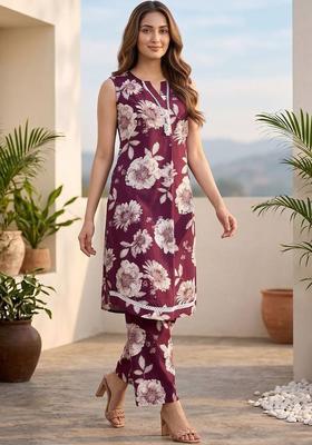 Maroon Floral Print Cotton Kurta Set
