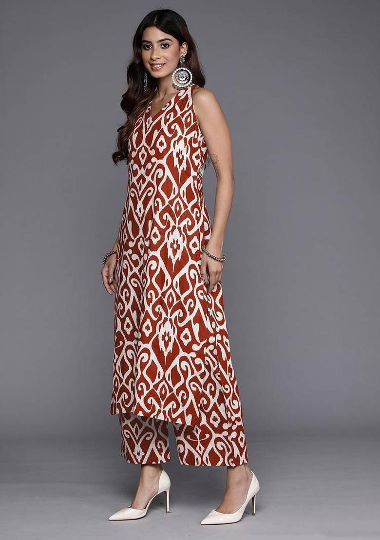 Red Floral Print Cotton Kurta Set - Indya