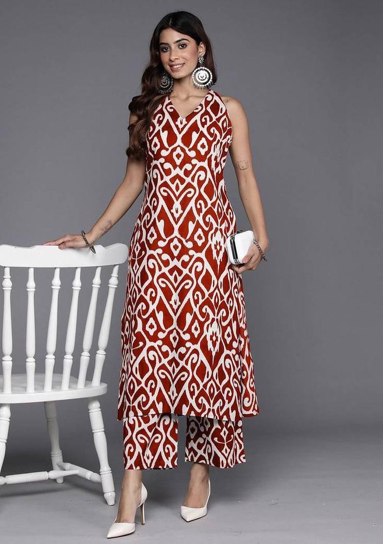 Red Floral Print Cotton Kurta Set - Indya