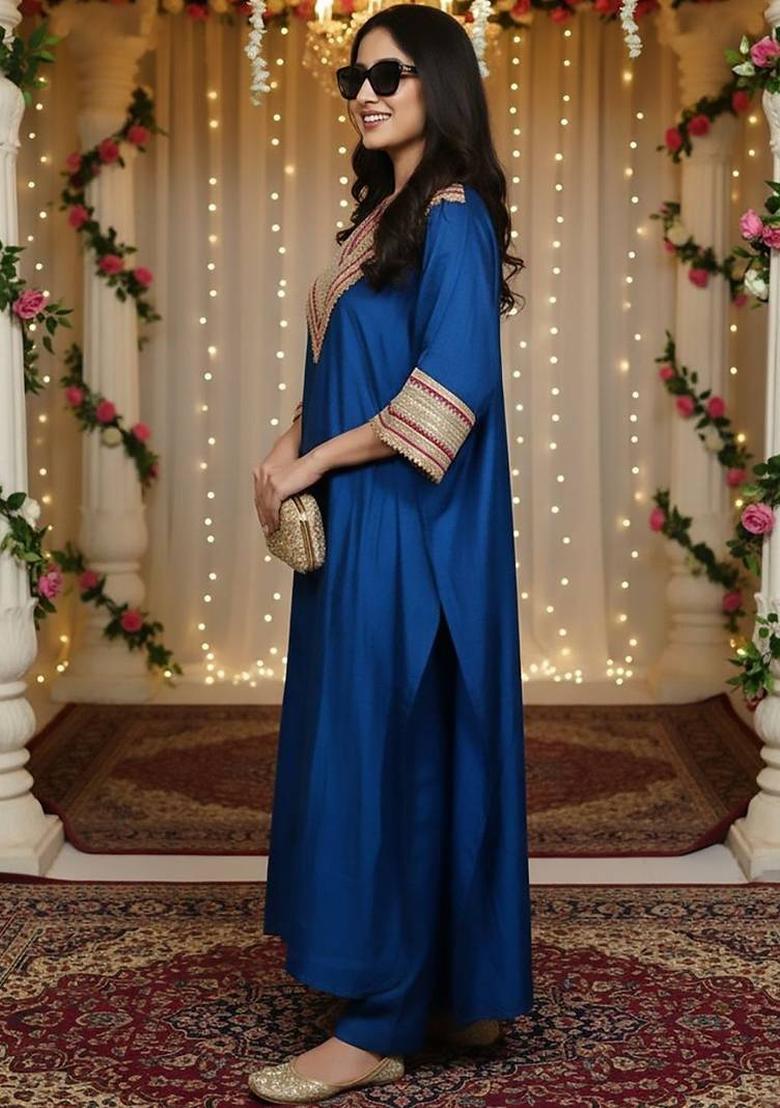 Blue Embroidery Silk Kurta Set - Indya