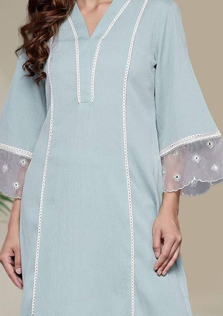 Turquoise Blue Solid Silk Kurta Set - Indya