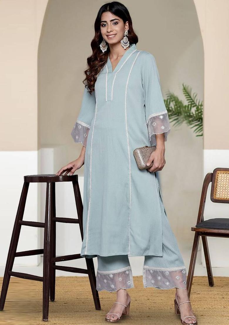 Turquoise Blue Solid Silk Kurta Set - Indya