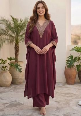 Maroon Embroidery Silk Kurta Set