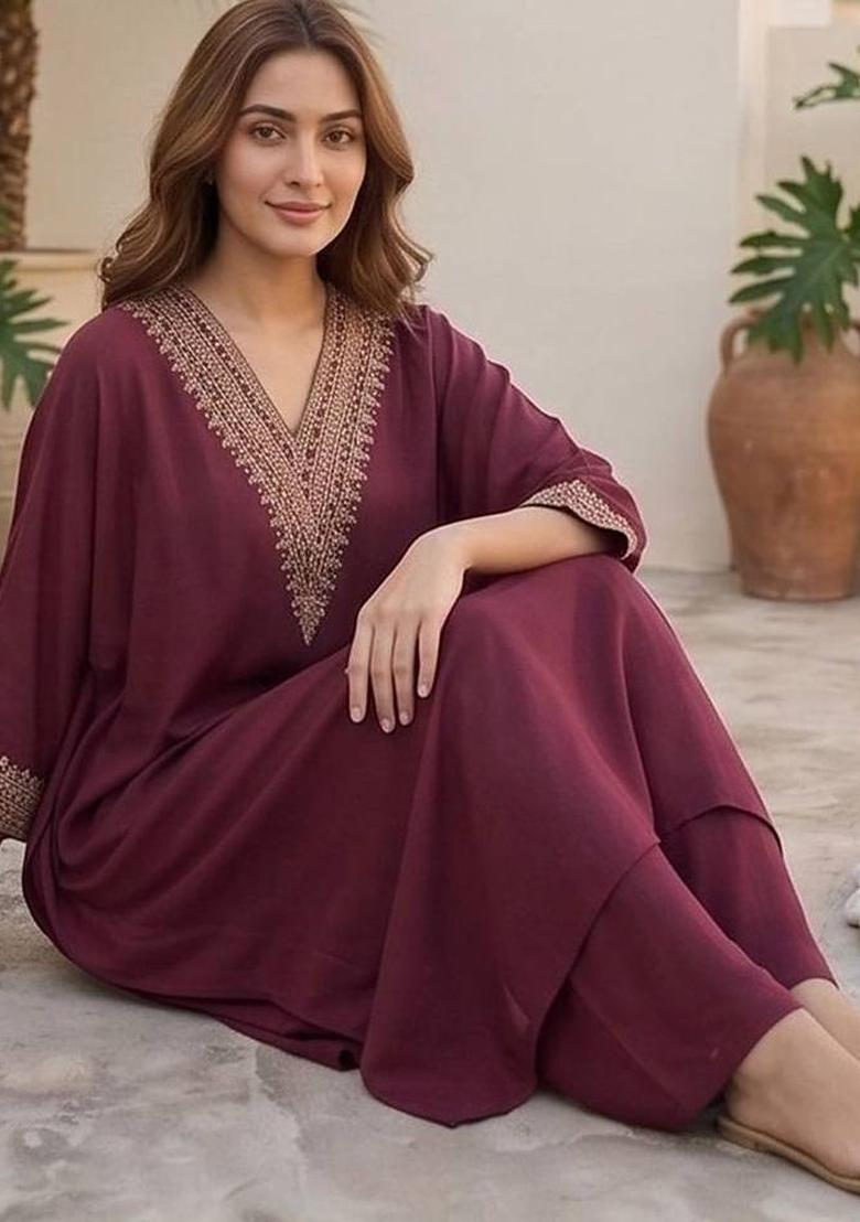 Maroon Embroidery Silk Kurta Set - Indya