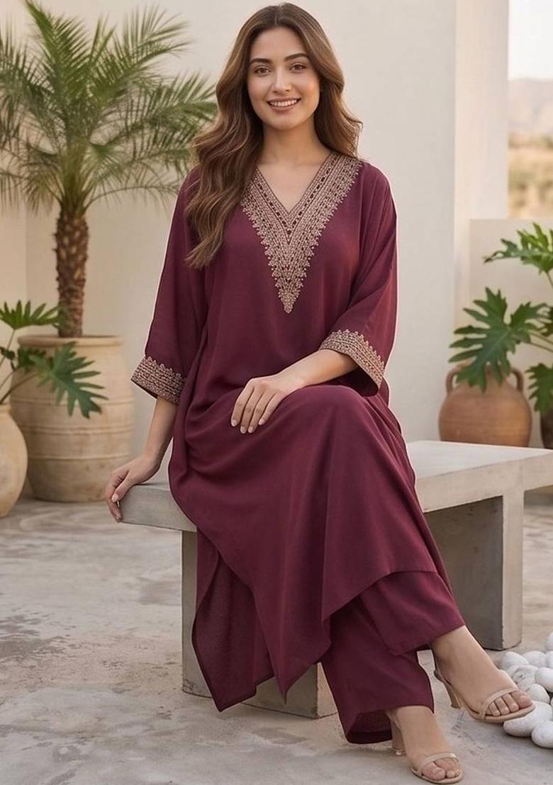 Maroon Embroidery Silk Kurta Set - Indya