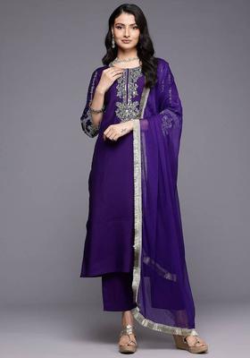 Navy Blue Embroidery Silk Kurta Set