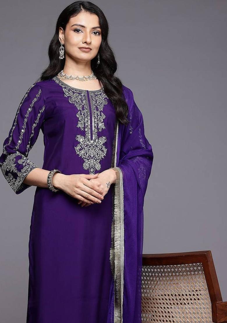 Navy Blue Embroidery Silk Kurta Set - Indya