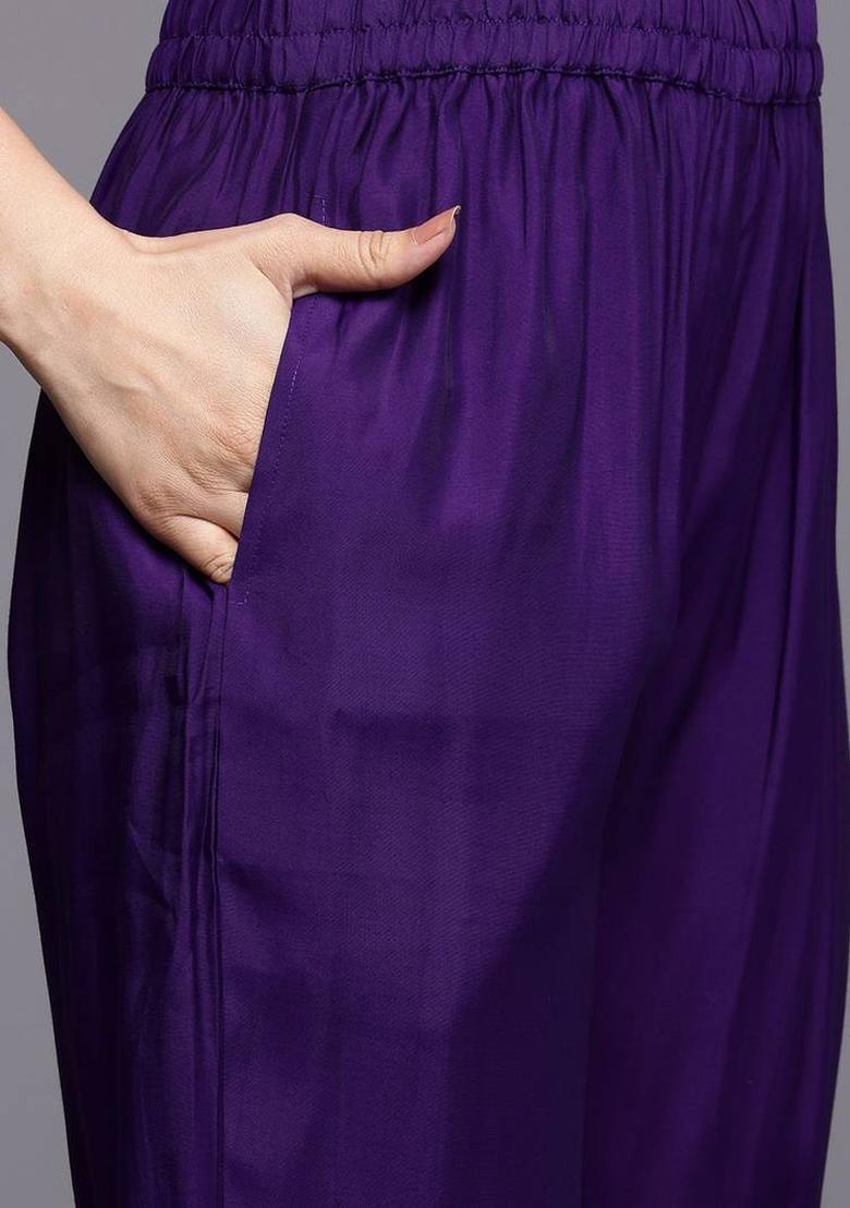 Navy Blue Embroidery Silk Kurta Set - Indya