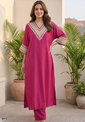 Red Solid Silk Kurta Set