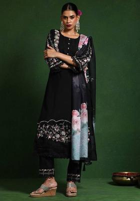 Black Embroidery Cotton Kurta Set