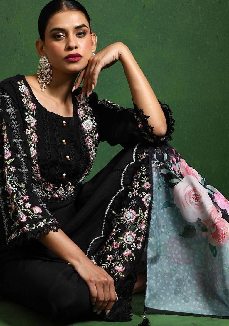 Black Embroidery Cotton Kurta Set - Indya