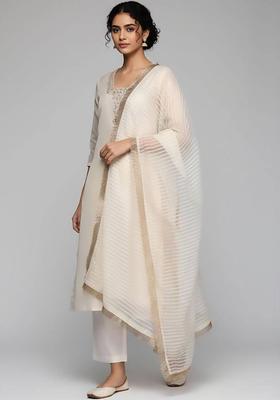 Off White Embroidery Silk Kurta Set