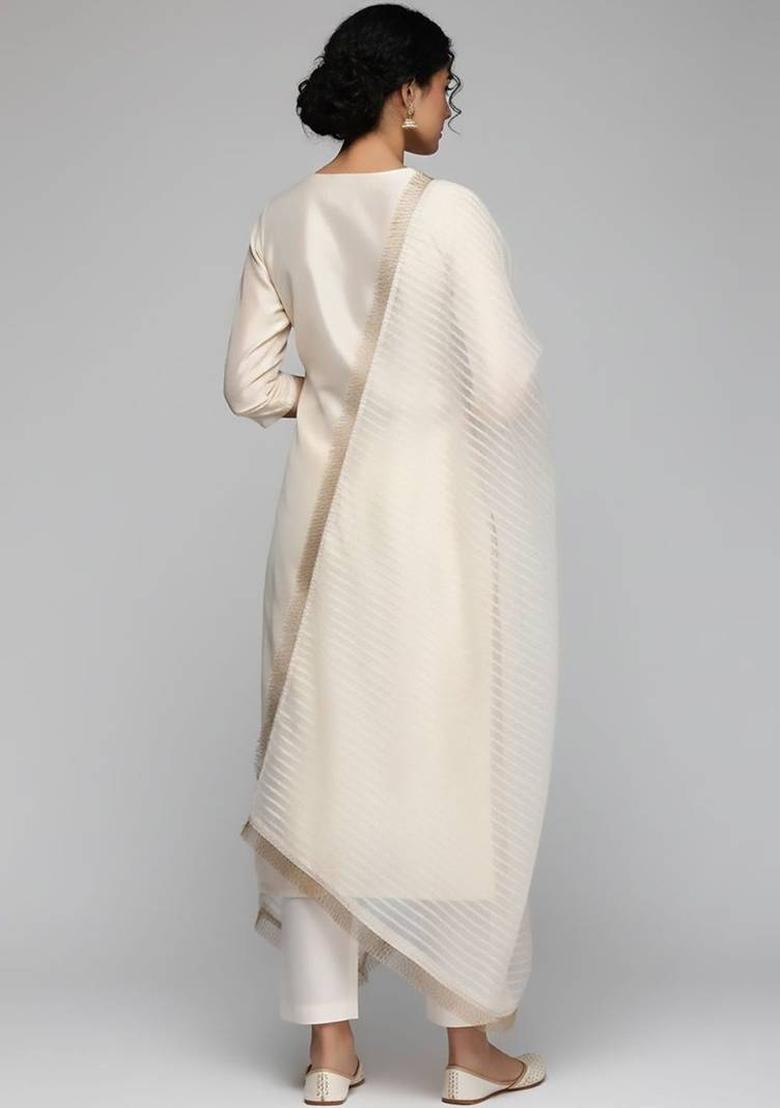 Off White Embroidery Silk Kurta Set - Indya