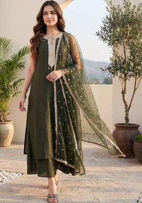 Olive Solid Silk Kurta Set