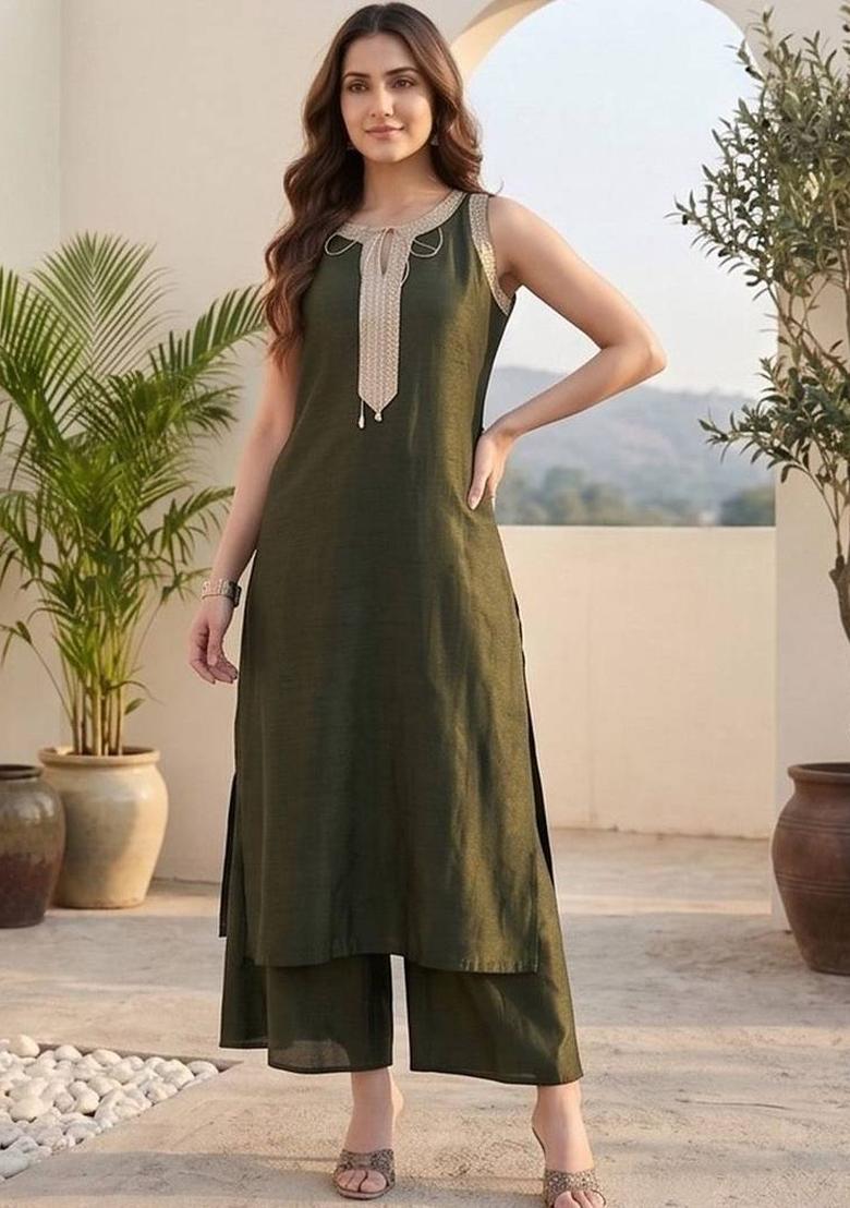 Olive Solid Silk Kurta Set - Indya