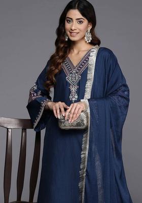 Navy Blue Embroidery Silk Kurta Set