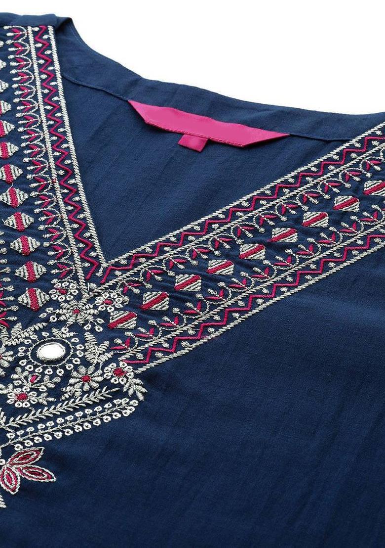 Navy Blue Embroidery Silk Kurta Set - Indya