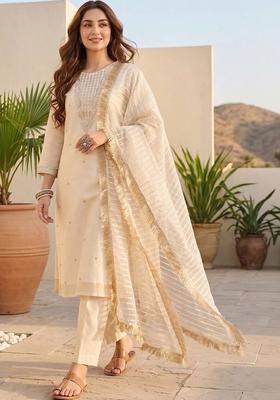 Off White Embroidery Silk Kurta Set