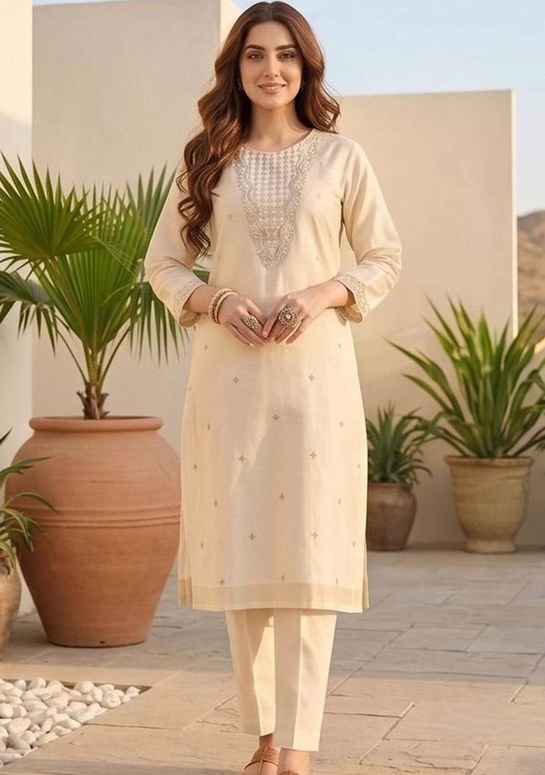Off White Embroidery Silk Kurta Set - Indya