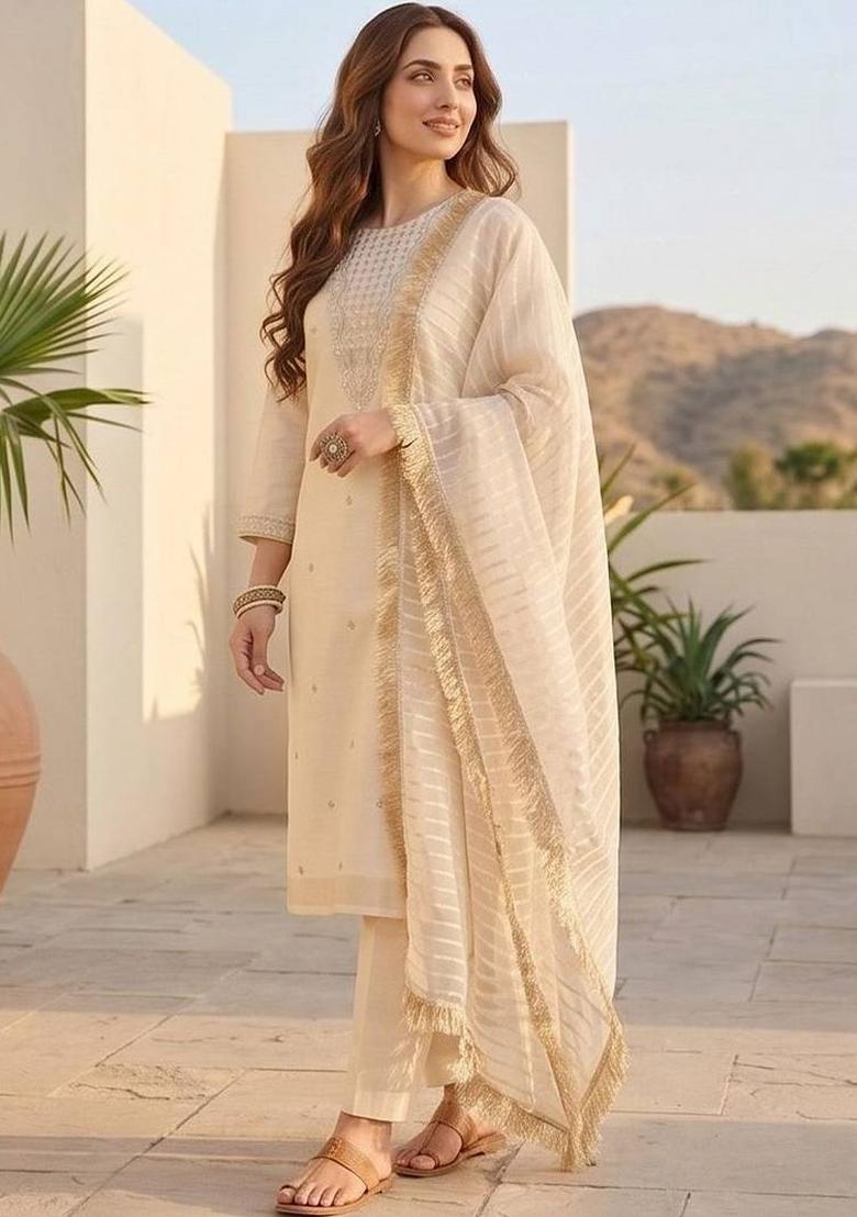 Off White Embroidery Silk Kurta Set - Indya