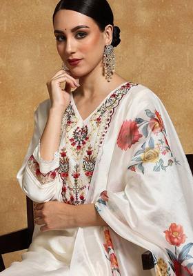 Off White Floral Print Silk Kurta Set