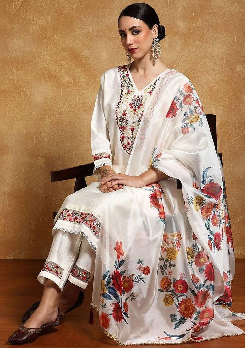Off White Floral Print Silk Kurta Set - Indya