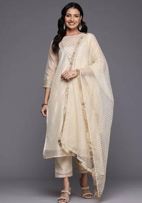 Off White Embroidery Silk Kurta Set
