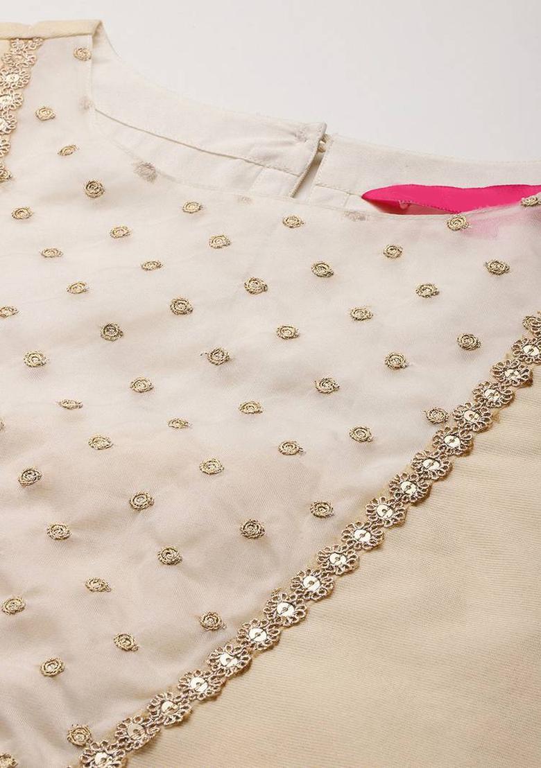 Off White Embroidery Silk Kurta Set - Indya