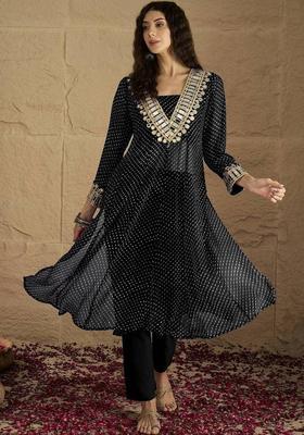 Black Floral Print Georgette Kurta Set