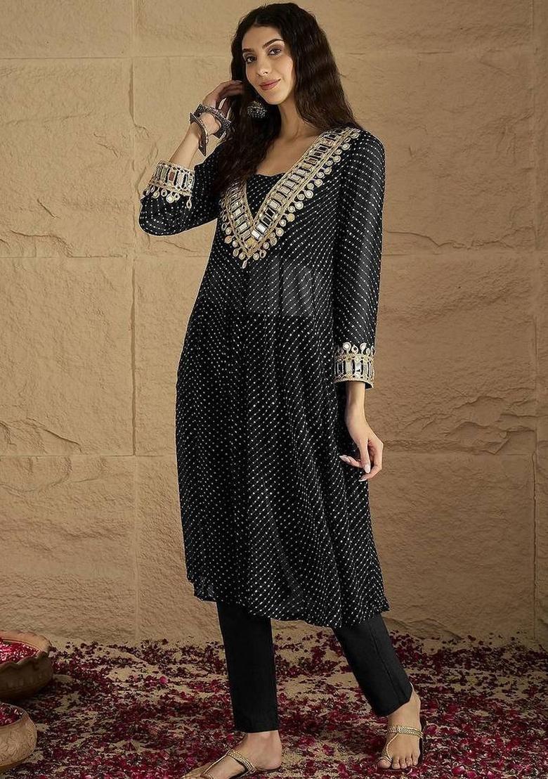 Black Floral Print Georgette Kurta Set - Indya