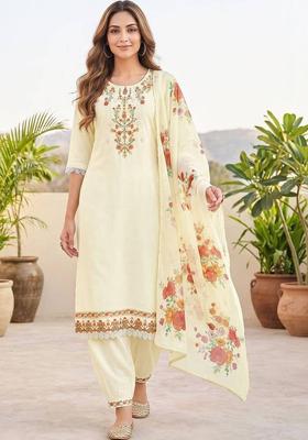 Cream Embroidery Silk Kurta Set
