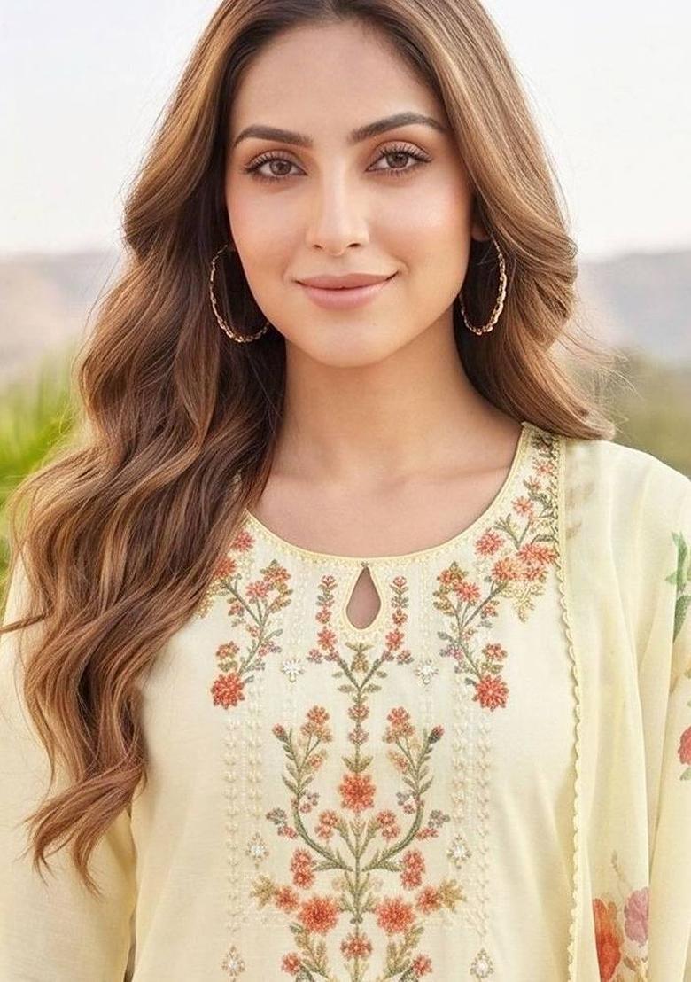 Cream Embroidery Silk Kurta Set - Indya