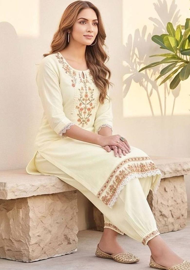 Cream Embroidery Silk Kurta Set - Indya
