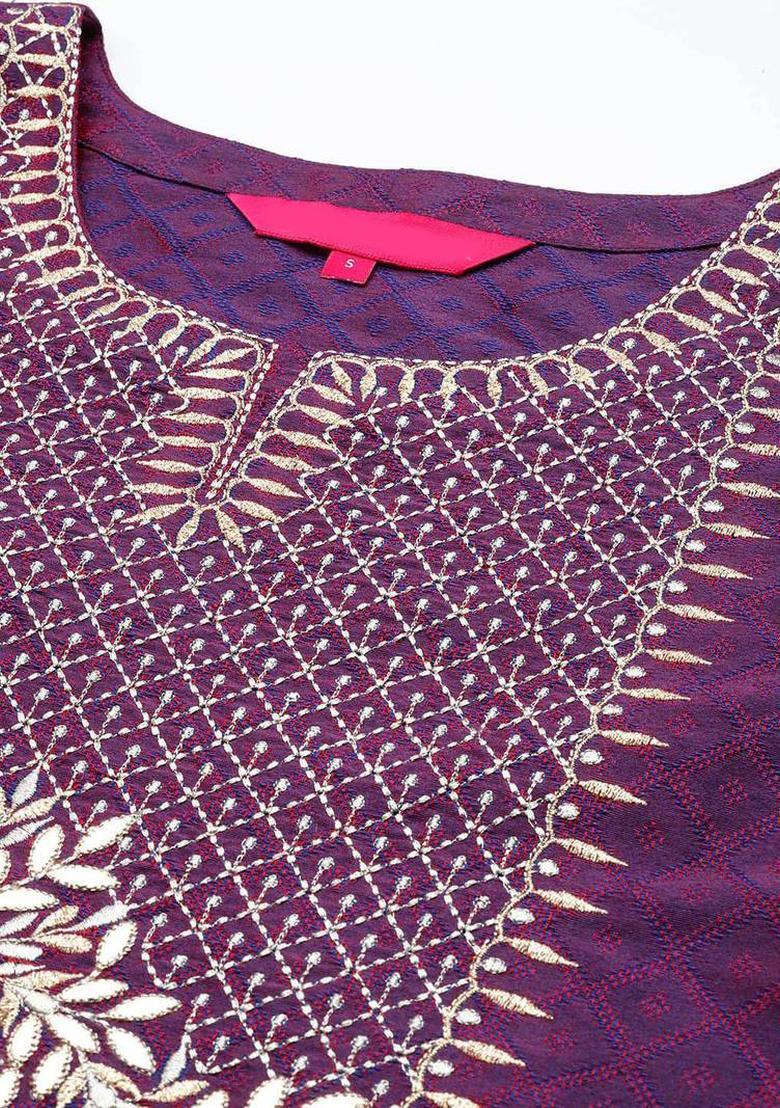 Purple Thread Work Silk Kurta Set - Indya